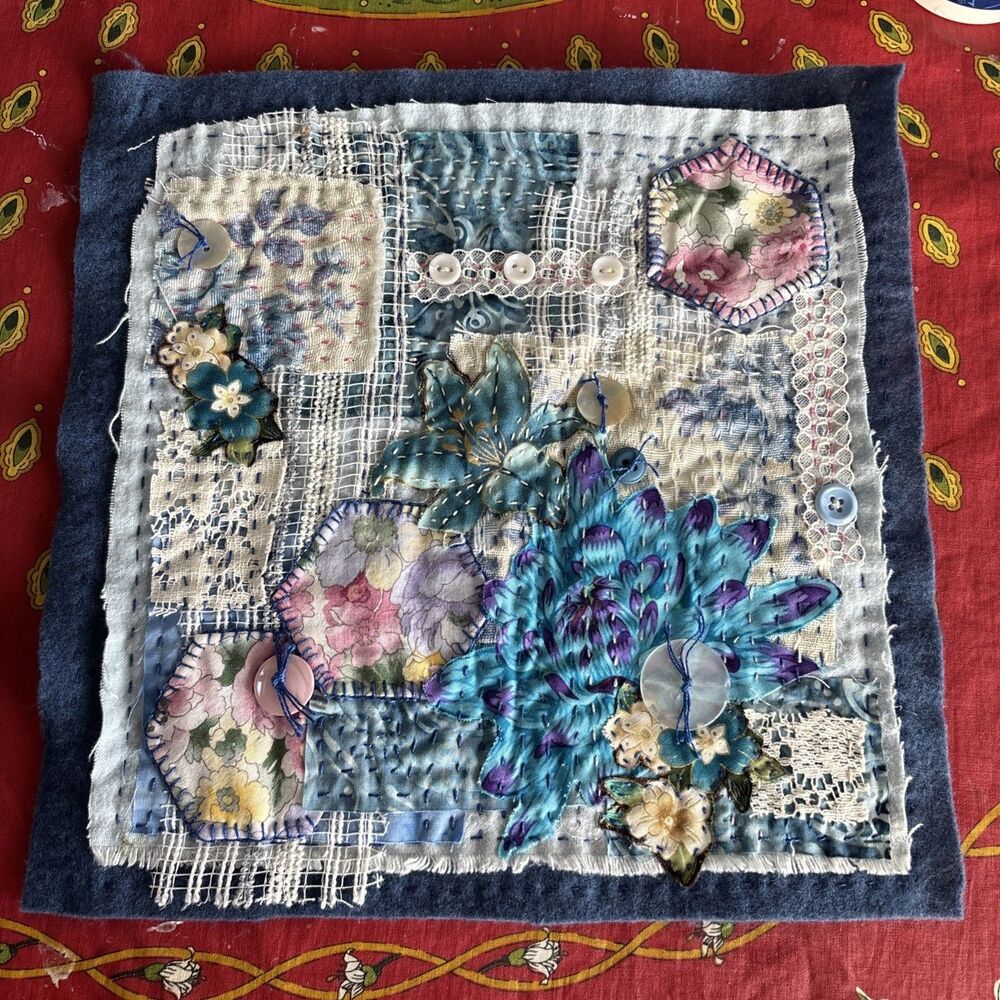 Antique Crazy Quilt Fragment Lace Buttons Fabric Stitching Floral